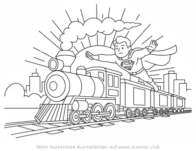 Superheld fliegt über Zug Ausmalbild