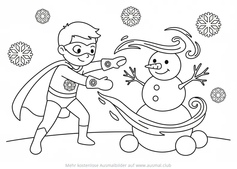 Superheld mit Eis-Kräften und Schneemann Ausmalbild