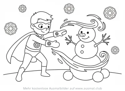 Superheld mit Eis-Kräften und Schneemann Ausmalbild