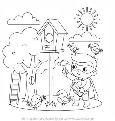 Superheld repariert Vogelhaus Ausmalbild mit Vögeln