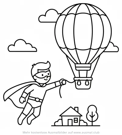 Superheld fliegt mit Heißluftballon über Haus Ausmalbild