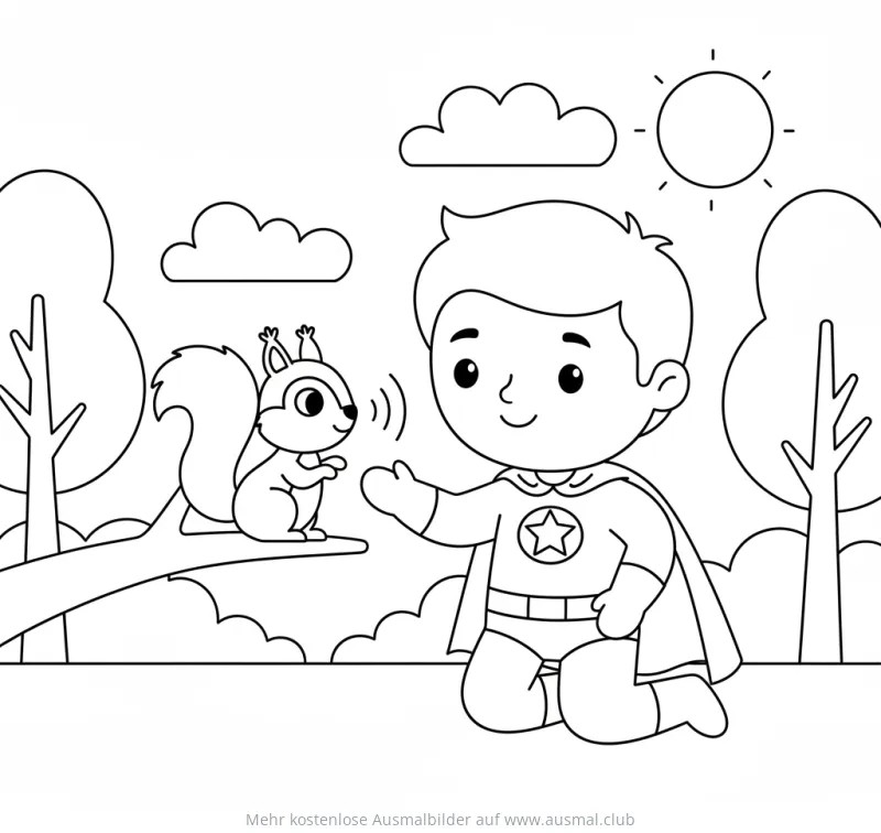 Superheld unterhält sich mit Eichhörnchen im Park Ausmalbild