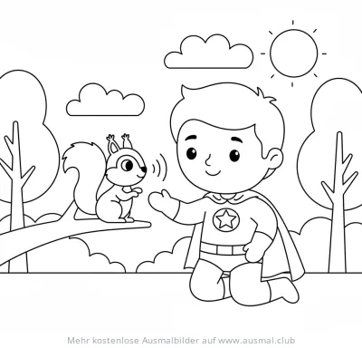 Superheld unterhält sich mit Eichhörnchen im Park Ausmalbild