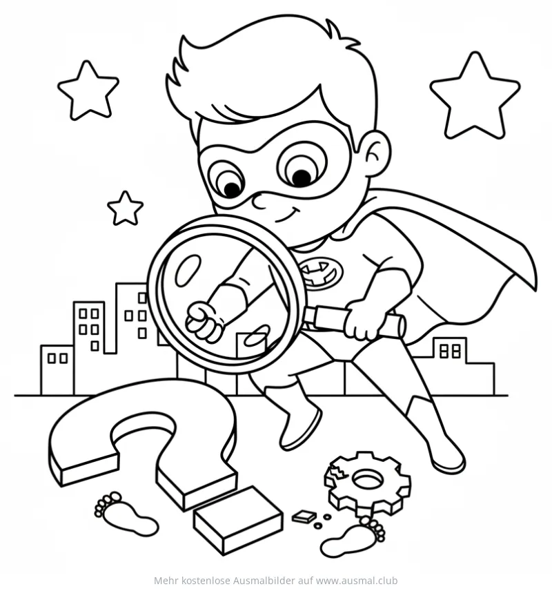 Detektiv Superheld mit Lupe untersucht Tatort Ausmalbild