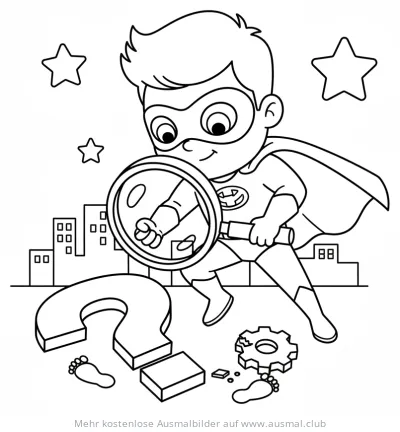 Detektiv Superheld mit Lupe untersucht Tatort Ausmalbild