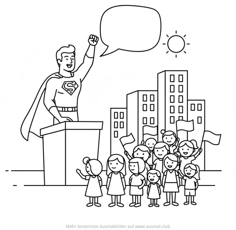 Superheld hält Rede vor Publikum Ausmalbild
