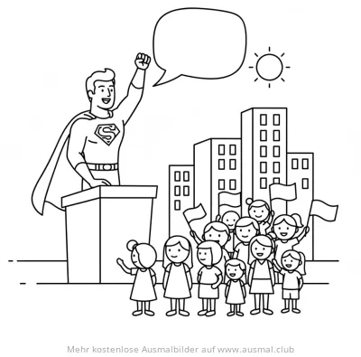 Superheld hält Rede vor Publikum Ausmalbild