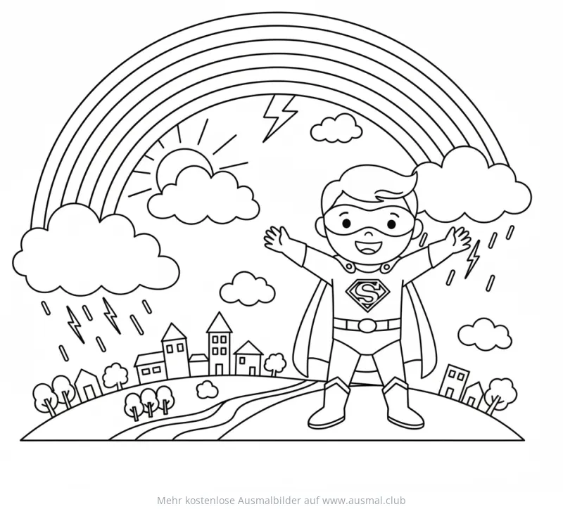 Superheld mit Regenbogen und Blitzen Ausmalbild