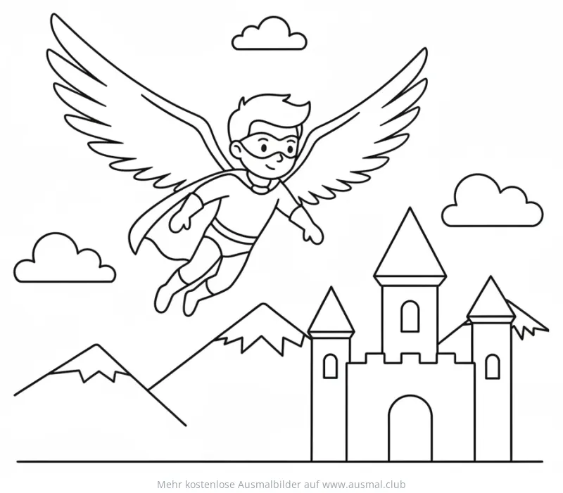 Superheld mit Flügeln fliegt vor Burg und Berglandschaft Ausmalbild