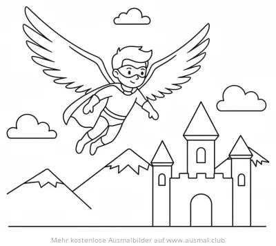 Superheld mit Flügeln fliegt vor Burg und Berglandschaft Ausmalbild