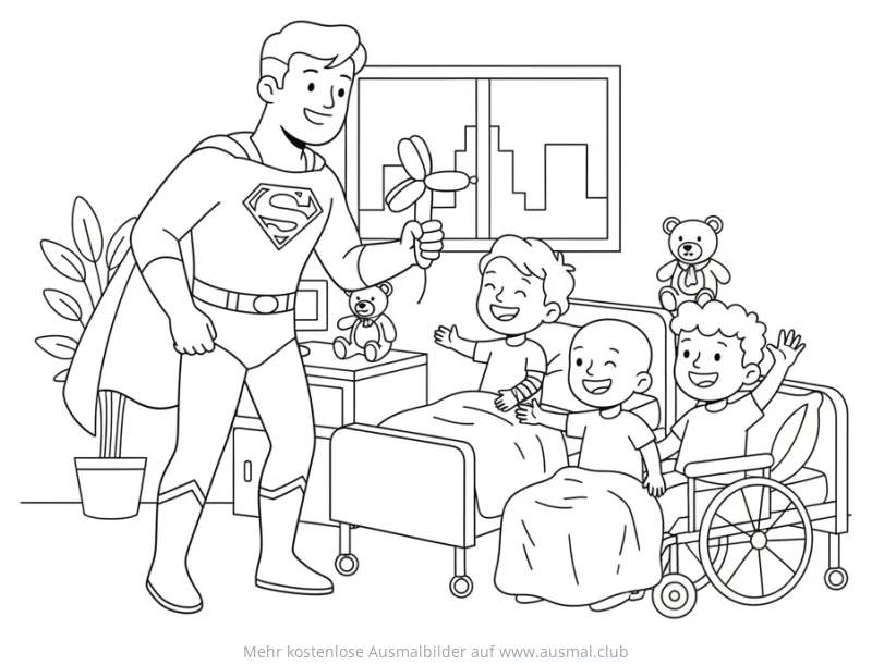 Superheld besucht Kinder im Krankenhaus Ausmalbild