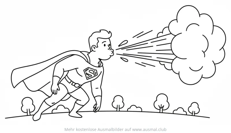 Superheld bläst Wolke mit Atem Ausmalbild