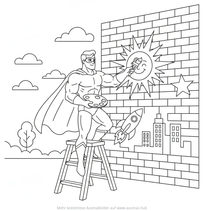 Superheld malt Graffiti mit Sonne, Rakete und Stern Ausmalbild