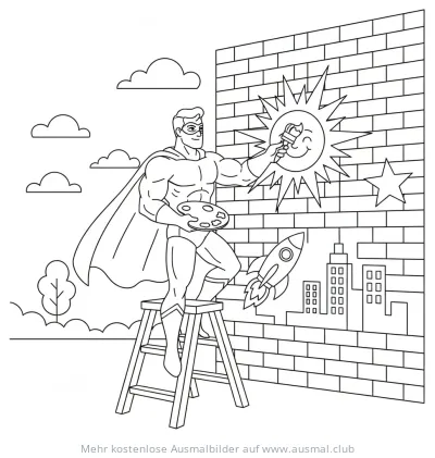 Superheld malt Graffiti mit Sonne, Rakete und Stern Ausmalbild