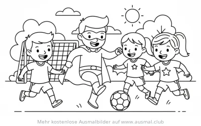 Superheld spielt Fußball mit Kindern Ausmalbild