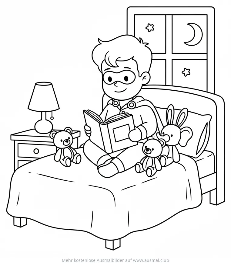 Superheld im Schlafanzug liest im Bett Ausmalbild