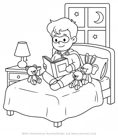 Superheld im Schlafanzug liest im Bett Ausmalbild