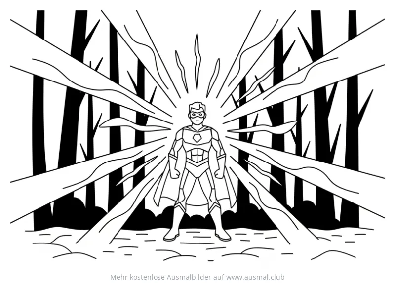 Superheld im Wald, umgeben von Lichtstrahlen Ausmalbild