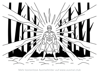 Superheld im Wald, umgeben von Lichtstrahlen Ausmalbild
