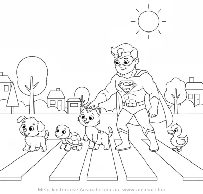 Superheld überquert Zebrastreifen mit Hund, Katze, Schildkröte und Ente Ausmalbild