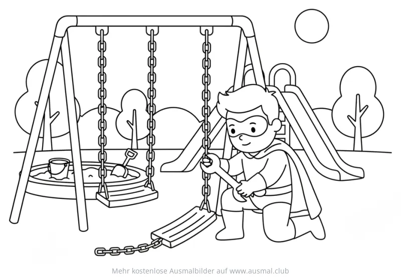 Superheld repariert Schaukel auf dem Spielplatz Ausmalbild