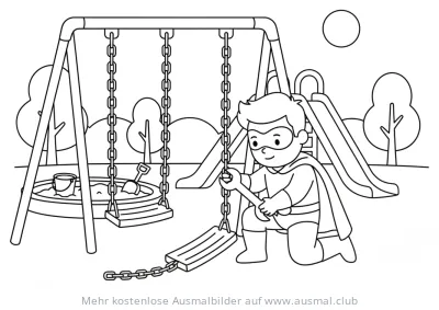 Superheld repariert Schaukel auf dem Spielplatz Ausmalbild