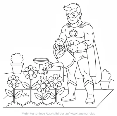 Superheld gießt Blumen im Garten Ausmalbild