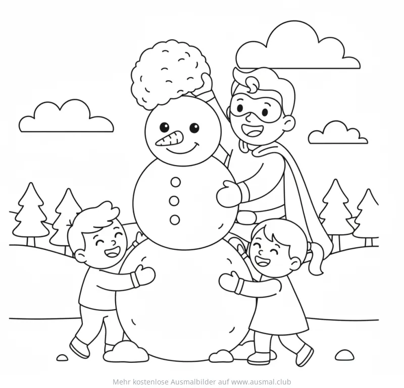 Schneemann wird von Kindern und einem Superhelden gebaut, Ausmalbild