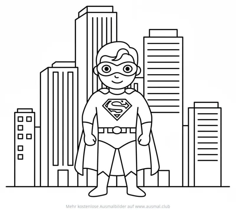 Superheld vor Stadtkulisse Ausmalbild
