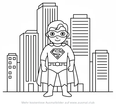 Superheld vor Stadtkulisse Ausmalbild