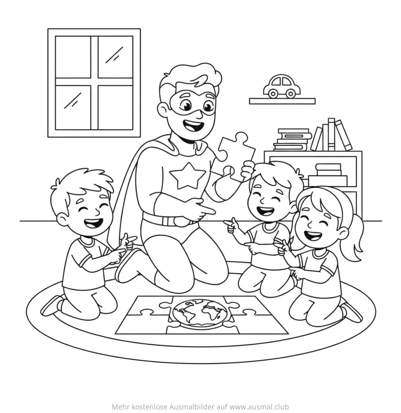 Superheld mit Kindern beim Puzzlelegen Ausmalbild
