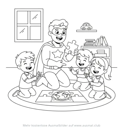 Superheld mit Kindern beim Puzzlelegen Ausmalbild
