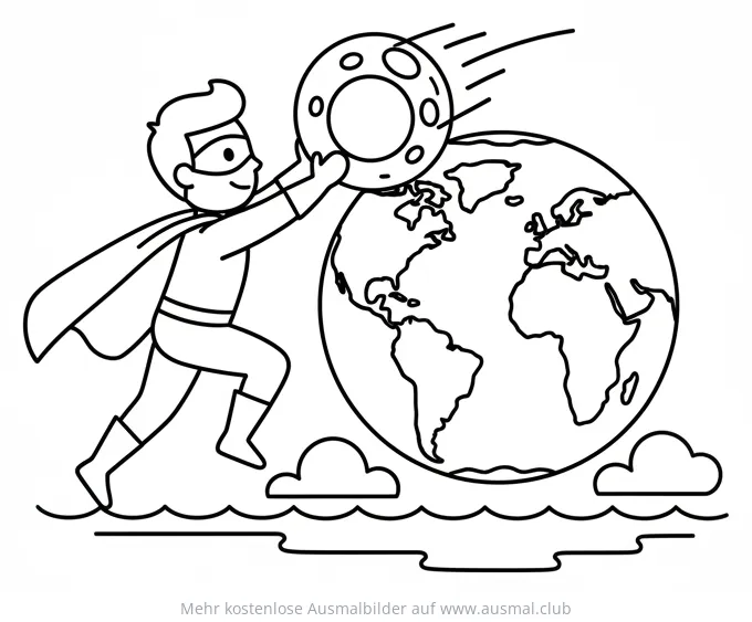 Superheld fängt Meteor über Erde Ausmalbild