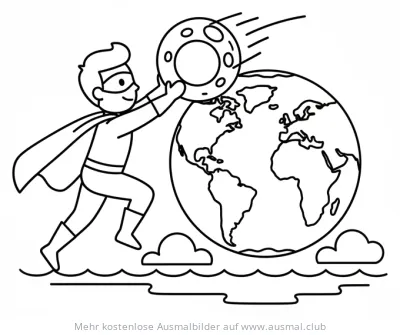 Superheld fängt Meteor über Erde Ausmalbild