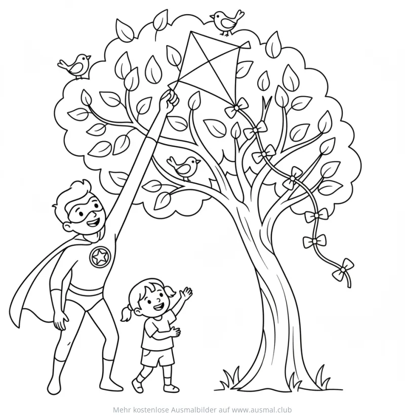 Superheld befreit mit Mädchen einen Drachen aus Baum, Ausmalbild