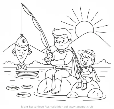 Superheld und Sohn angeln am See Ausmalbild