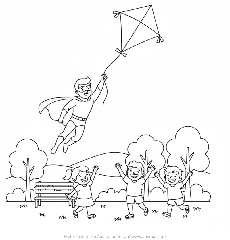 Superheld fliegt mit Drachen, Kinder jubeln im Park Ausmalbild