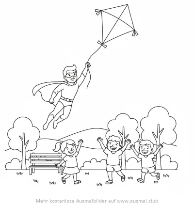 Superheld fliegt mit Drachen, Kinder jubeln im Park Ausmalbild