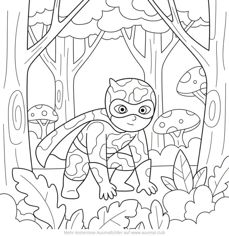 Superheld in Tarnkleidung Ausmalbild im Wald