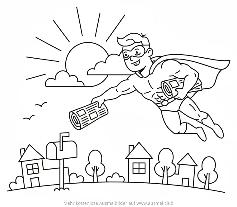 Superheld mit Zeitung fliegt über Stadt Ausmalbild