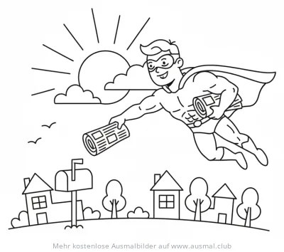 Superheld mit Zeitung fliegt über Stadt Ausmalbild