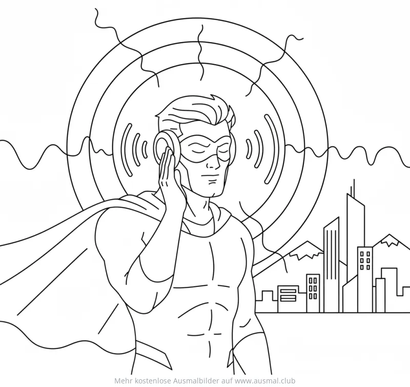 Superheld mit Kopfhörern und Schallwellen Ausmalbild