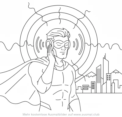 Superheld mit Kopfhörern und Schallwellen Ausmalbild