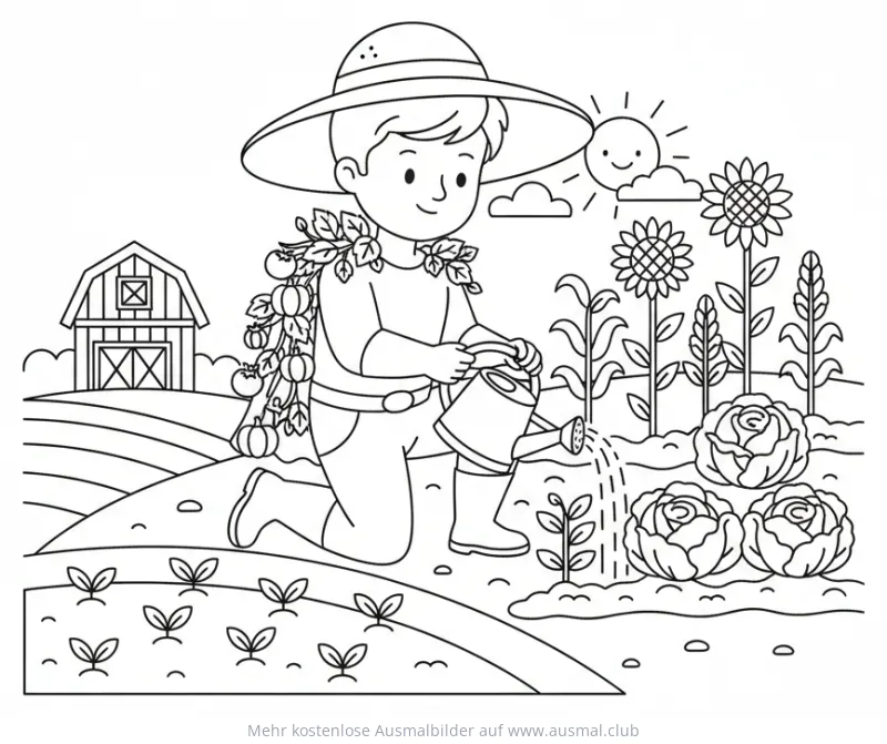 Gärtner Junge gießt Gemüse Ausmalbild