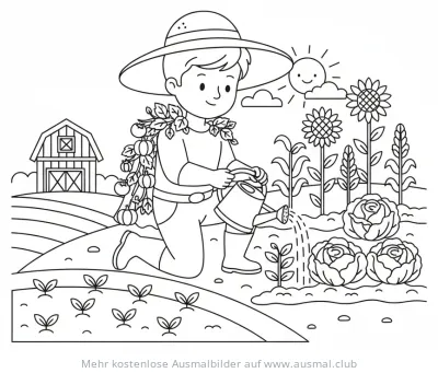 Gärtner Junge gießt Gemüse Ausmalbild