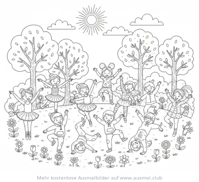 Tanzende Kinder im Park Ausmalbild