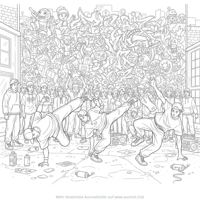 Streetdance Ausmalbild mit Breakdancern vor Graffiti-Wand und Publikum