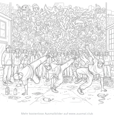 Streetdance Ausmalbild mit Breakdancern vor Graffiti-Wand und Publikum