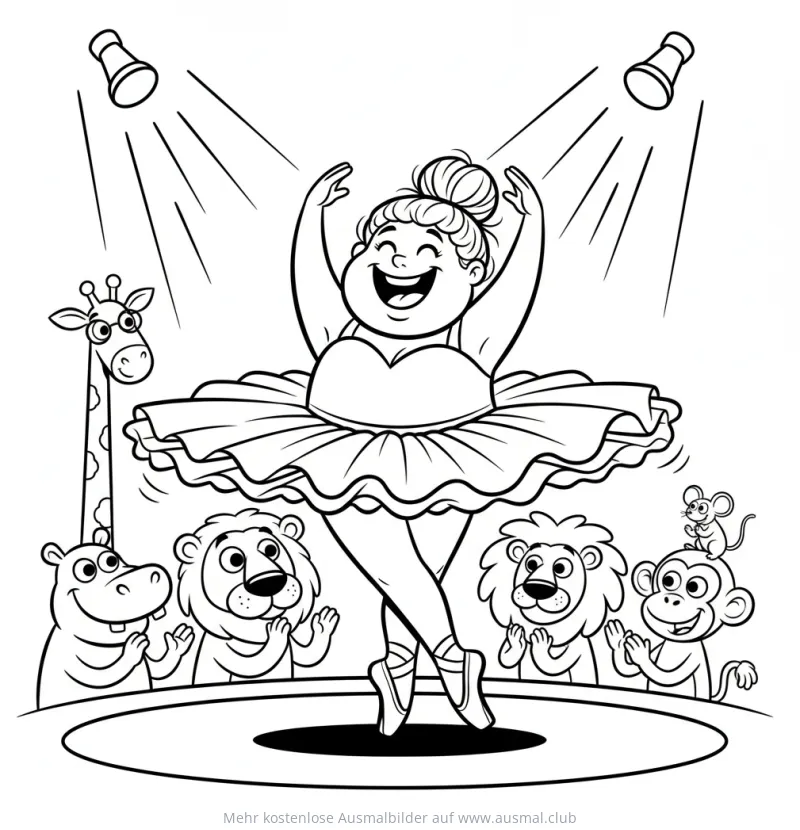 Ballerina tanzt vor tierischem Publikum Ausmalbild