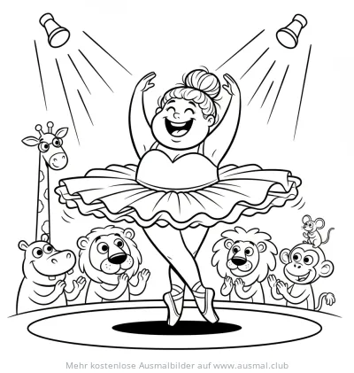 Ballerina tanzt vor tierischem Publikum Ausmalbild